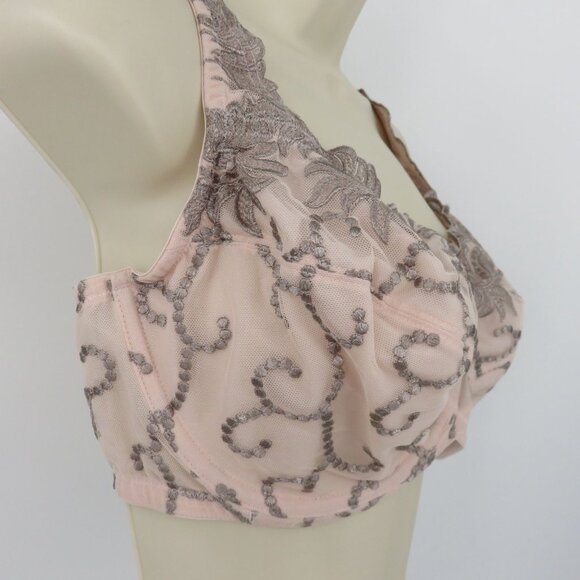 Modern Movement 38DD Pink Underwire Unlined Embroidered Mesh Bra Detailed Straps - Picture 3 of 12